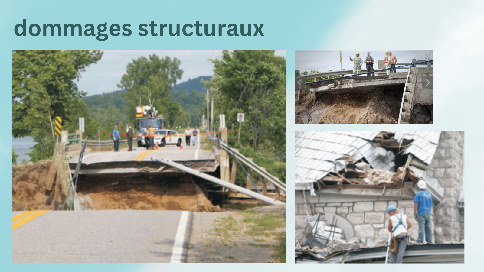 Images des dommages causés à une route, à un pont et à une église par un séisme survenu dans la région de Val-des-Bois (Québec).